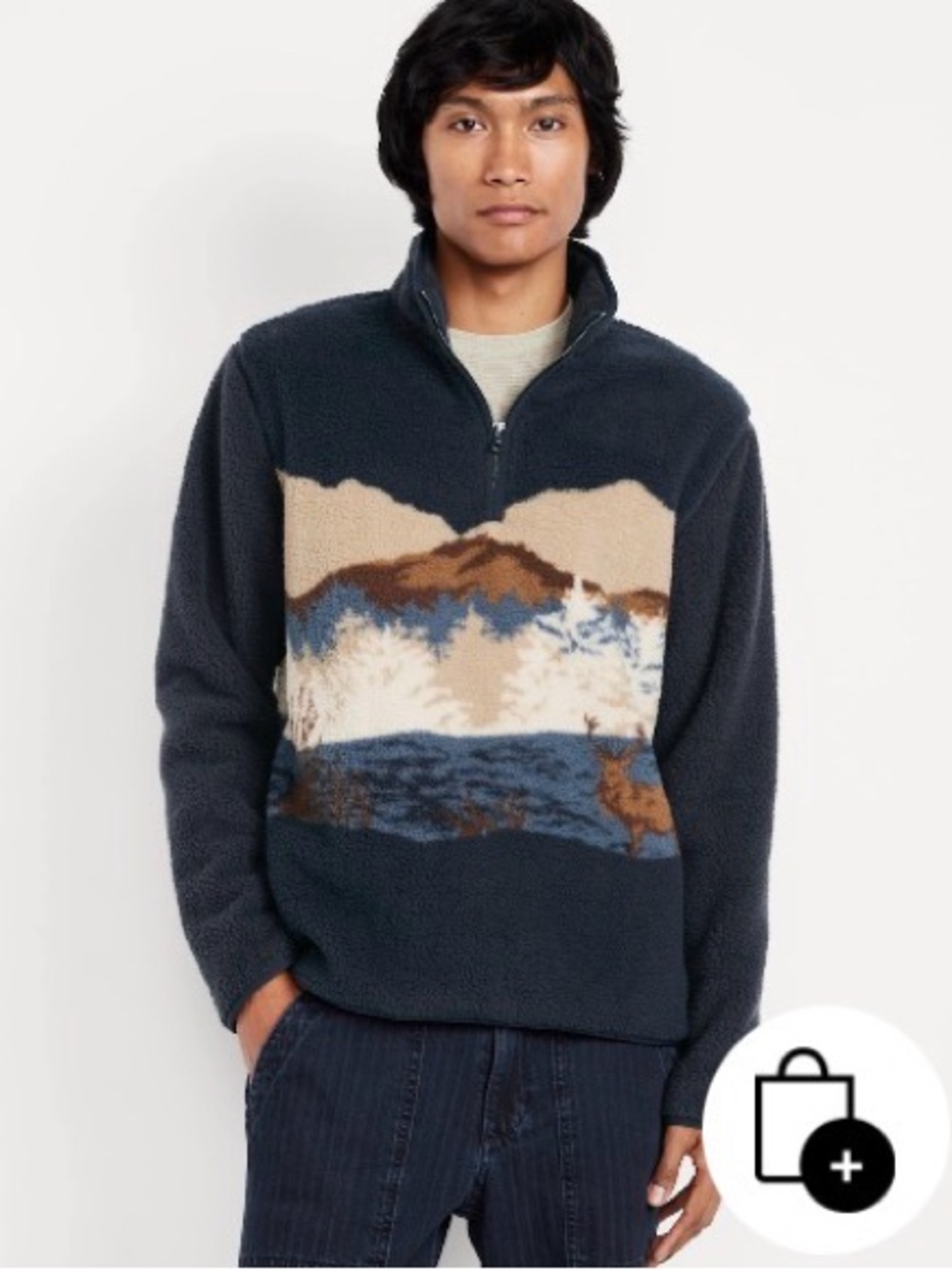 Old Navy Navy Sherpa Quarter-Zip Sweater with Scenic Panel